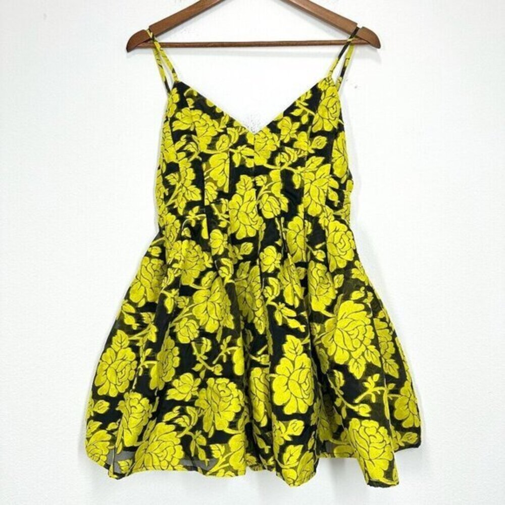 Ark & Co. Full Skirt Micro Mini‎ Romper Yellow Gold Black Floral Brocade Med NWT